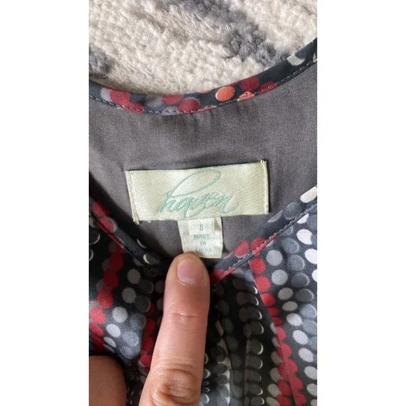 Women's Haven Silk Asymmetric Ruffle Dress Sz S Gray Red Black Dot Lightweight - Picture 4 of 7